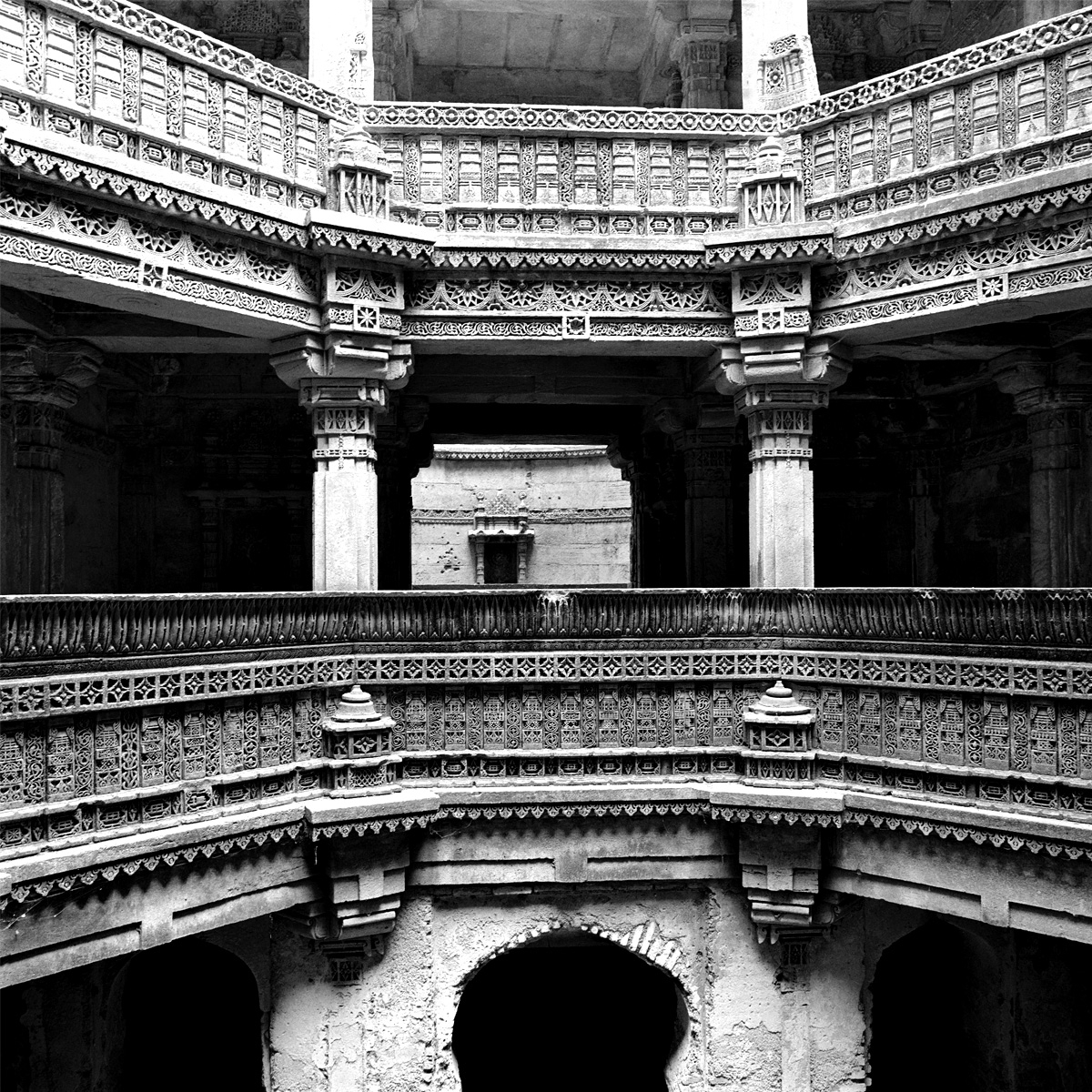 Carved railings in the Adalaj Wav, a step well near Ahmedabad, Gujarat.