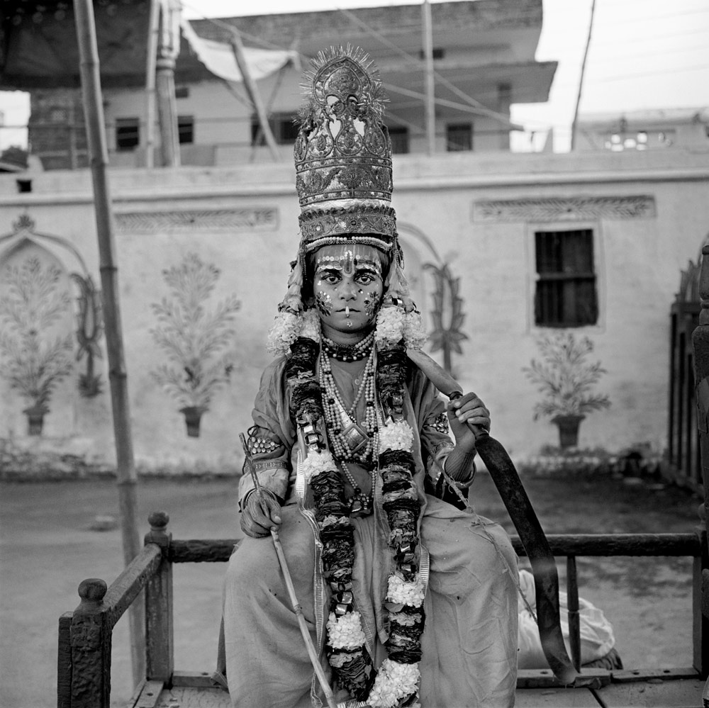 Boy in costume for his role in the annual Ramlila festival, Ram Nagar, Uttar Pradesh.
